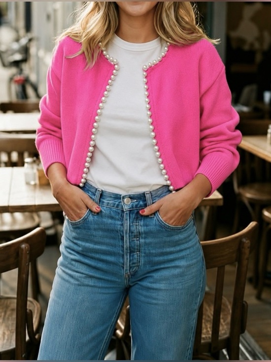 Avara Sweaters - Avara NWT Women’s Hot Pink Pearl-Trim Clasp-front Cardigan Sweater Size Small
